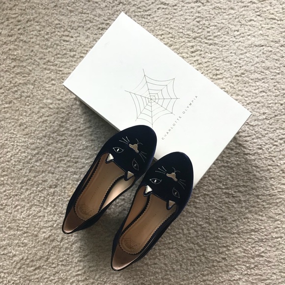 Charlotte Olympia Shoes - Charlotte Olympia Blue velvet kitty flats
